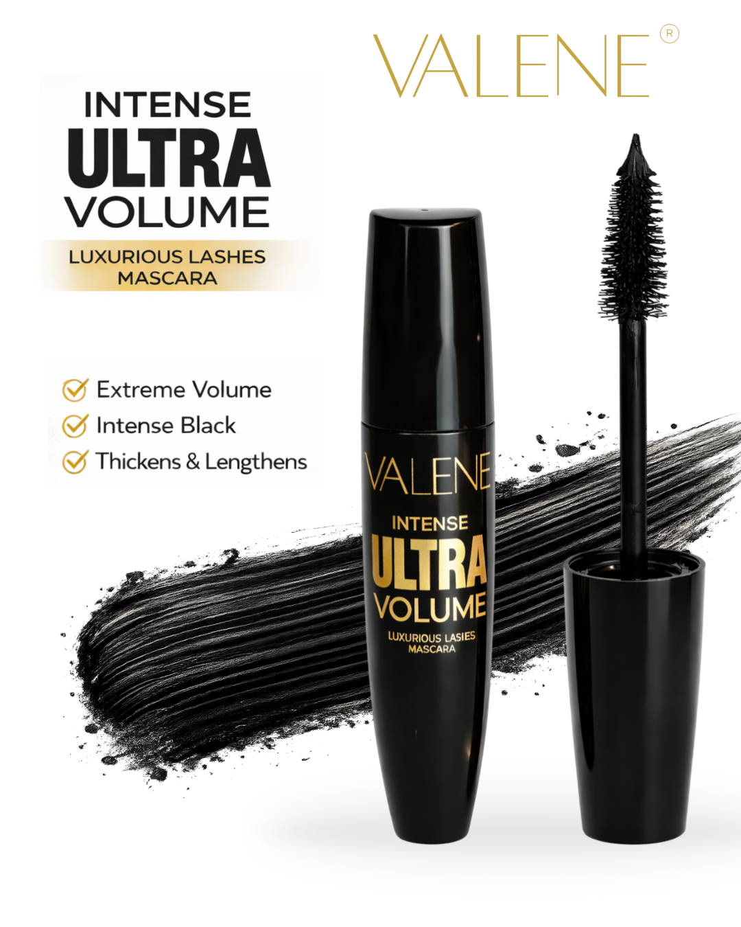 VALENE Intense Ultra Volume Mascara, Blackest Black – Volumizing & Lengthening Mascara, Clump-Free Formula for Thicker, Longer, Luxurious Lashes