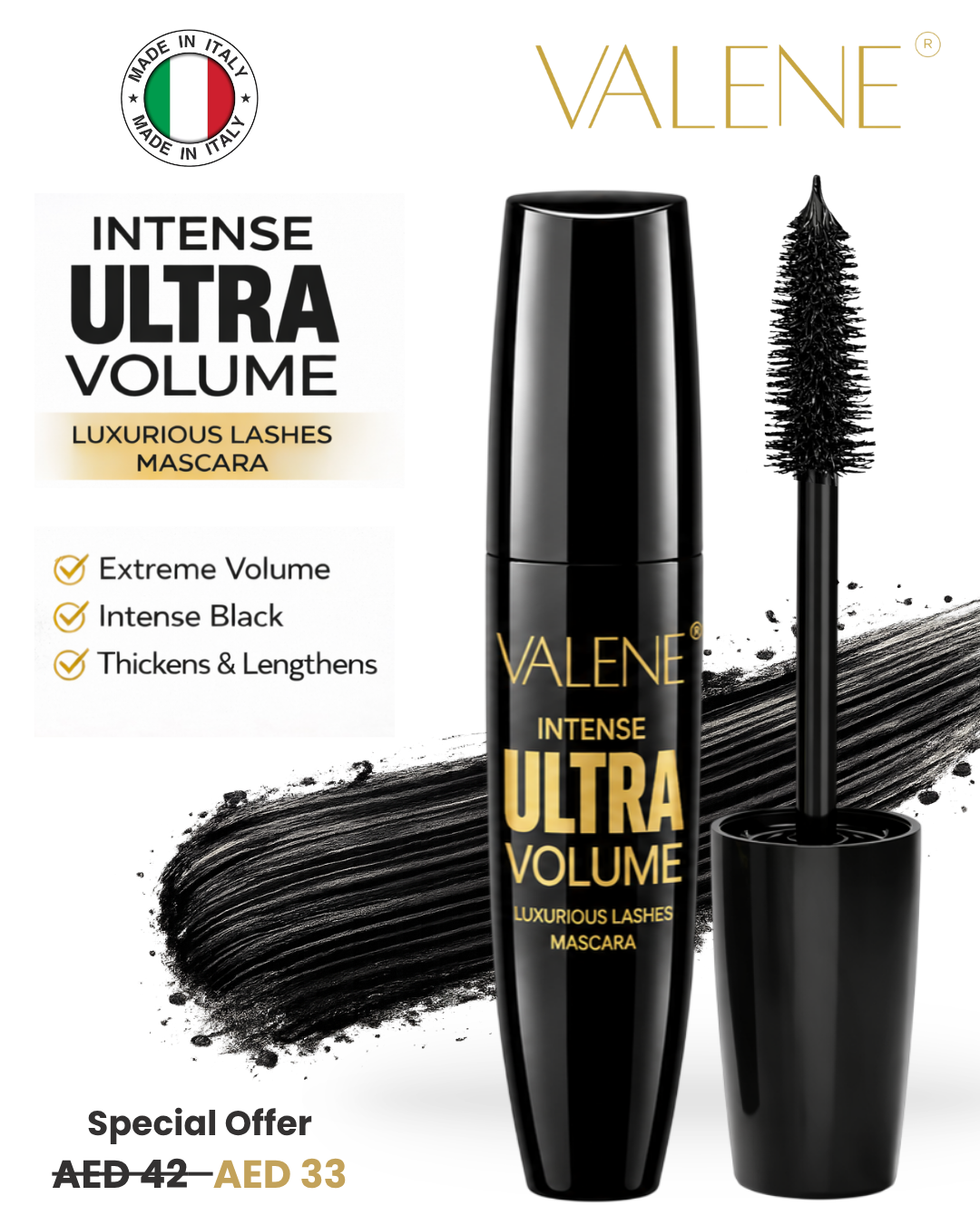 VALENE Intense Ultra Volume Mascara, Blackest Black – Volumizing & Lengthening Mascara, Clump-Free Formula for Thicker, Longer, Luxurious Lashes